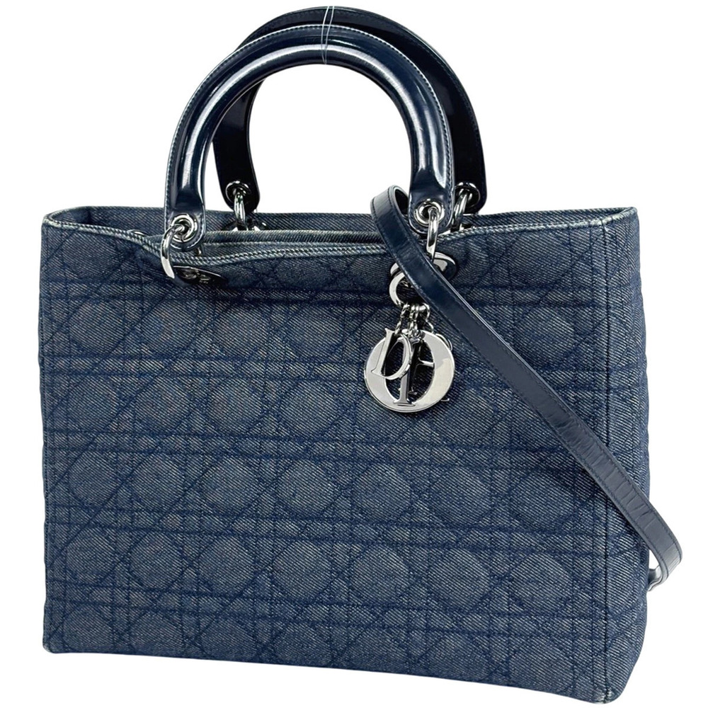Christian Dior Lady Shoulder Bag Cannage Handbag Denim Blue